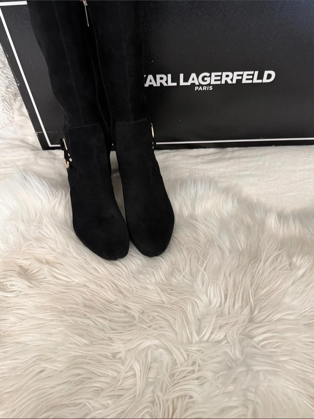 Karl Lagerfeld Black Suede Over-the-Knee Boots with Gold Ring Detail. NWOT